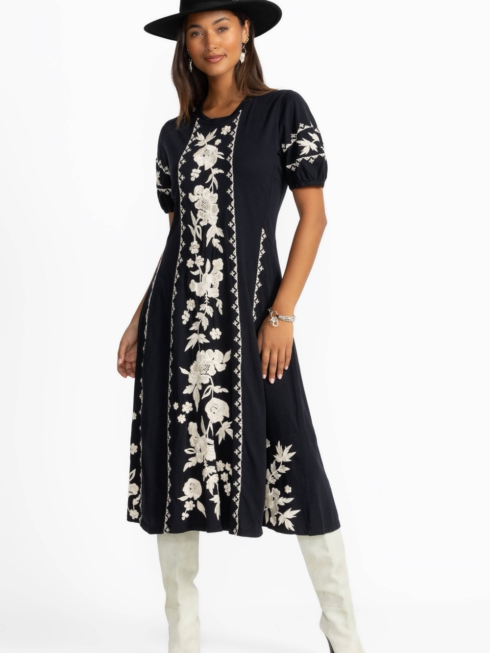 Johnny Was Black Midi Dress with Cream Floral Embroidery